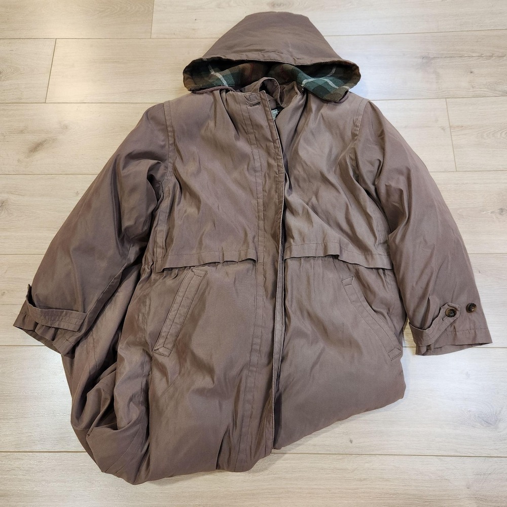Vintage Eddie Bauer Down Parka Trench Coat Mens Medium Brown Wool Plaid Lined